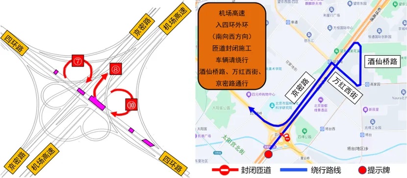 @北京市民 本周末四元桥大修进入第三阶段，3条匝道封闭，这样走→