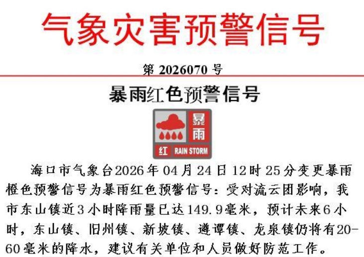 海口分区暴雨红色预警生效！请注意防范→