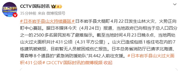日本岩手县山火持续蔓延，过火面积共计431公顷，当地已向2500多名居民发布避难指示