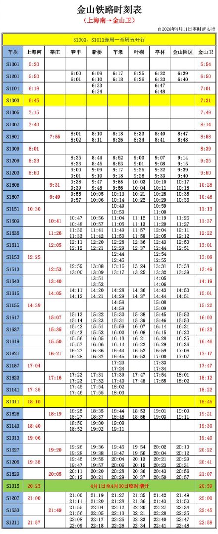 金山铁路2026年“五一”期间列车开行方案