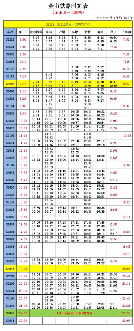 金山铁路2026年“五一”期间列车开行方案