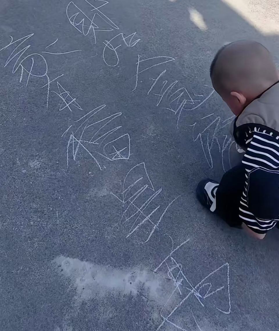 苏州2岁半宝宝写字看呆网友，拿石笔在地上写字干净利落，妈妈：家中没人擅长书法