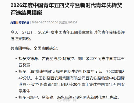 2026中国青年五四奖章评选结果
