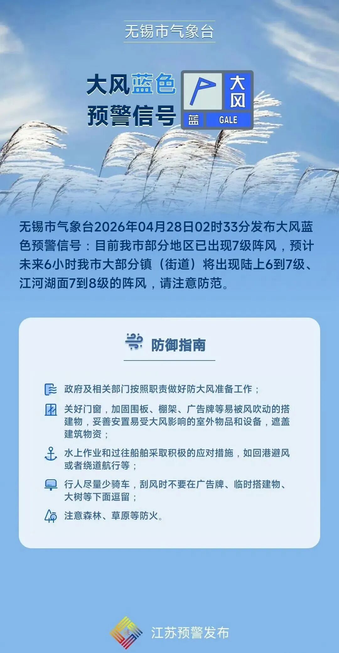 无锡大风蓝色预警！降雨+降温来袭