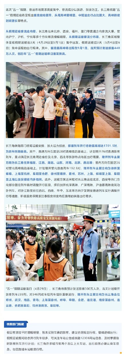 预计客流最高峰5月1日！长三角铁路“五一”假期运输明天启动