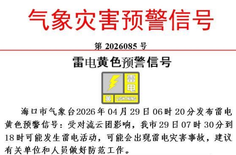 雷电+雷雨大风！海口发布黄色预警