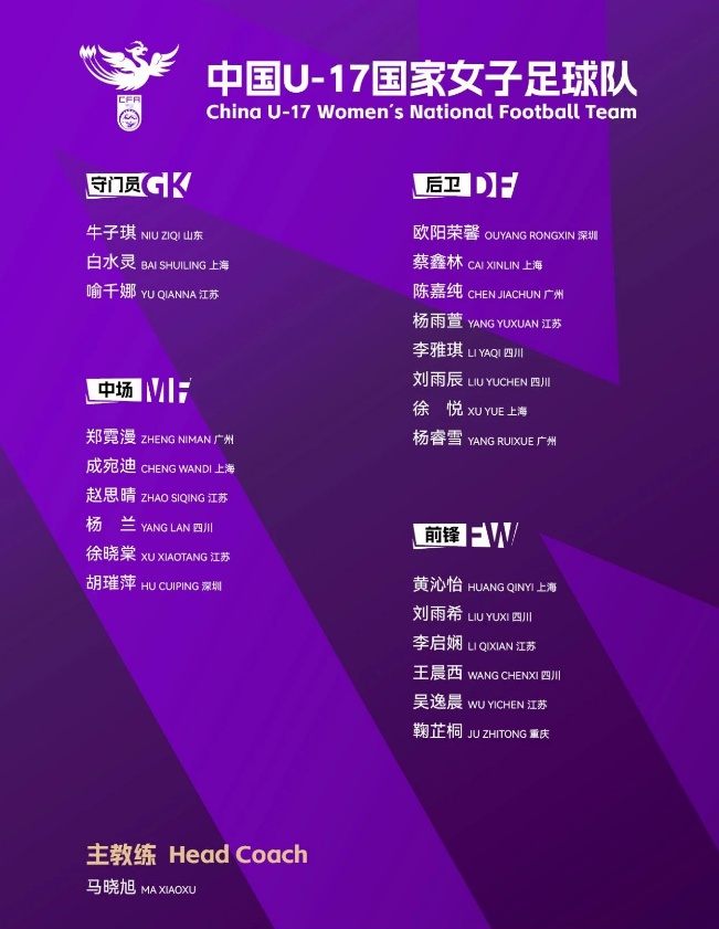 U17女足亚洲杯即将开赛 中国队名单及赛程出炉