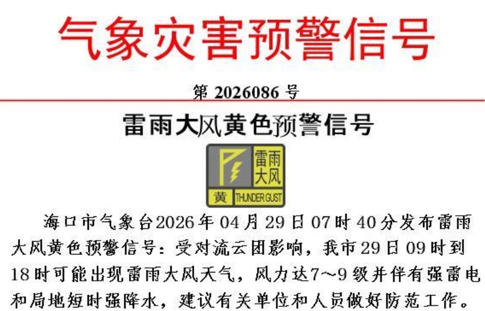 雷电+雷雨大风！海口发布黄色预警
