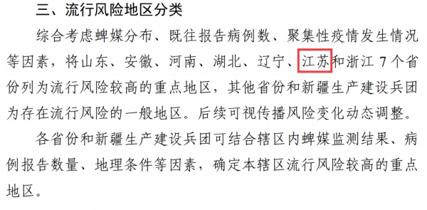 江苏被列为登革热和基孔肯雅热流行风险Ⅱ类地区、发热伴血小板减少综合征流行风险较高的重点地区