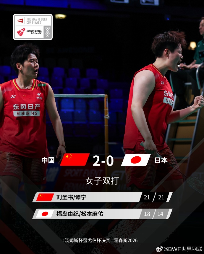 国羽3-0力克日本队，晋级2026尤伯杯决赛