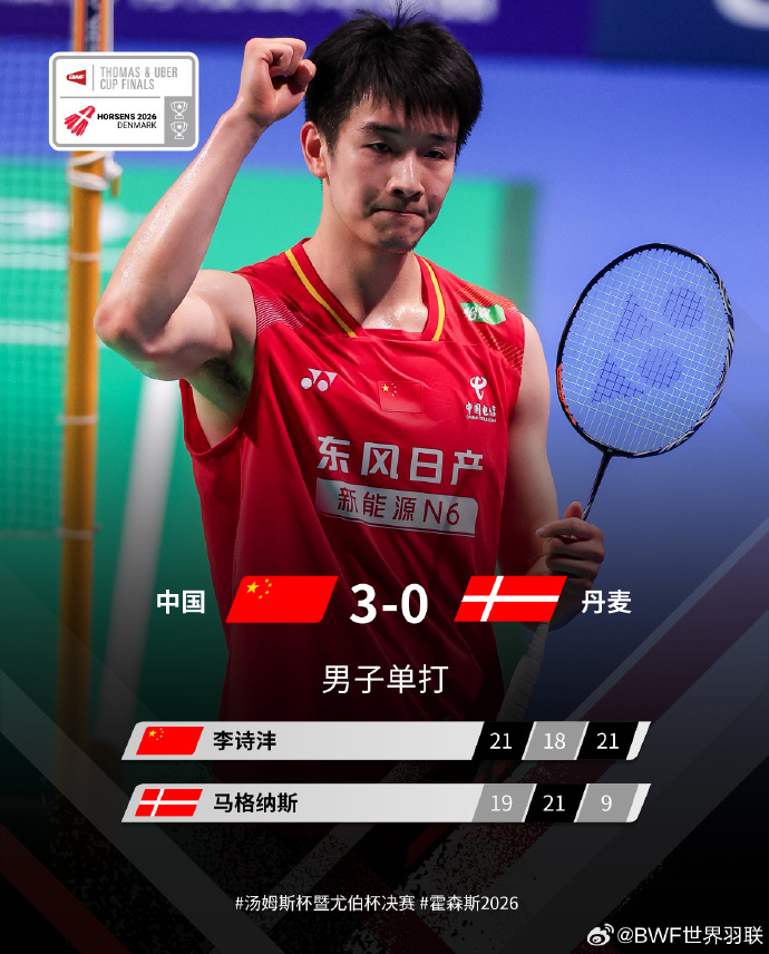 中国队3-0战胜丹麦队 晋级汤姆斯杯决赛
