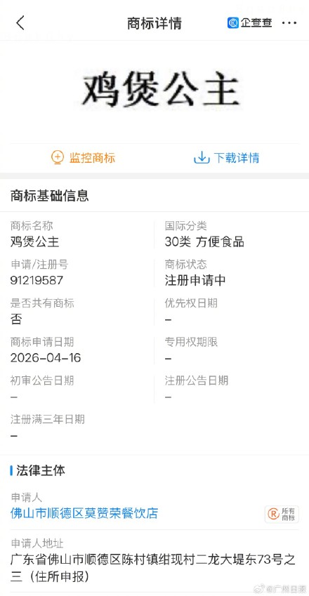 莫老板已申请注册莫氏鸡煲商标