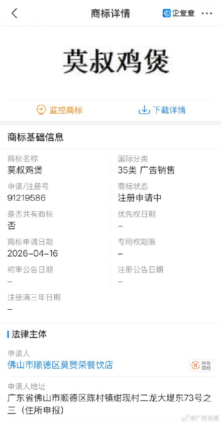 莫老板已申请注册莫氏鸡煲商标