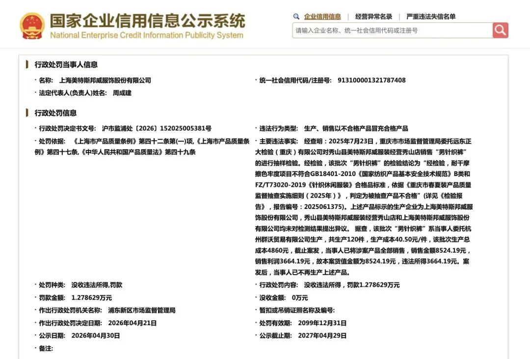 美特斯邦威被罚，因生产、销售以不合格产品冒充合格产品