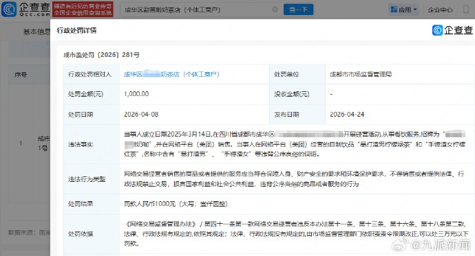 成都一奶茶店给饮品取名“暴打渣男柠檬绿茶”“手锤渣女柠檬红茶” ，被罚一千元