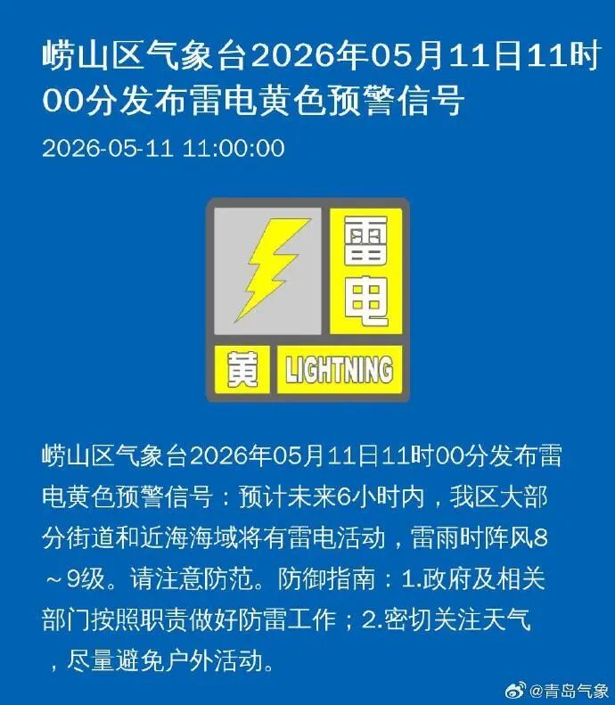青岛发布雷电黄色预警！涉及市南、市北、李沧、崂山，注意防范→