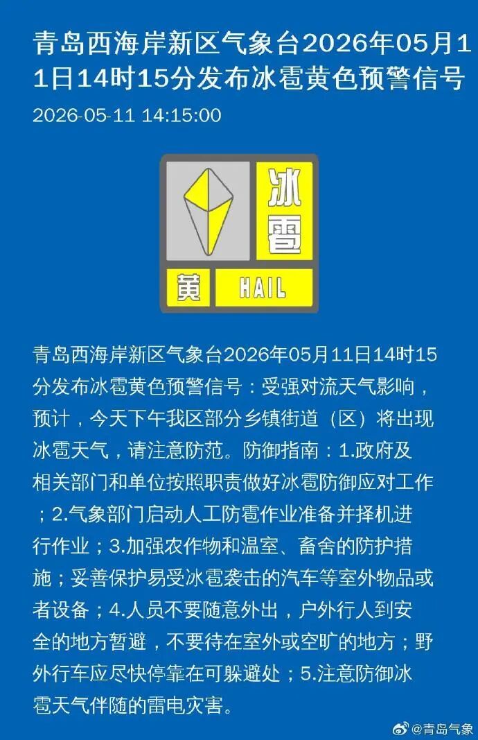 青岛下冰雹了！三区已发布冰雹黄色预警→