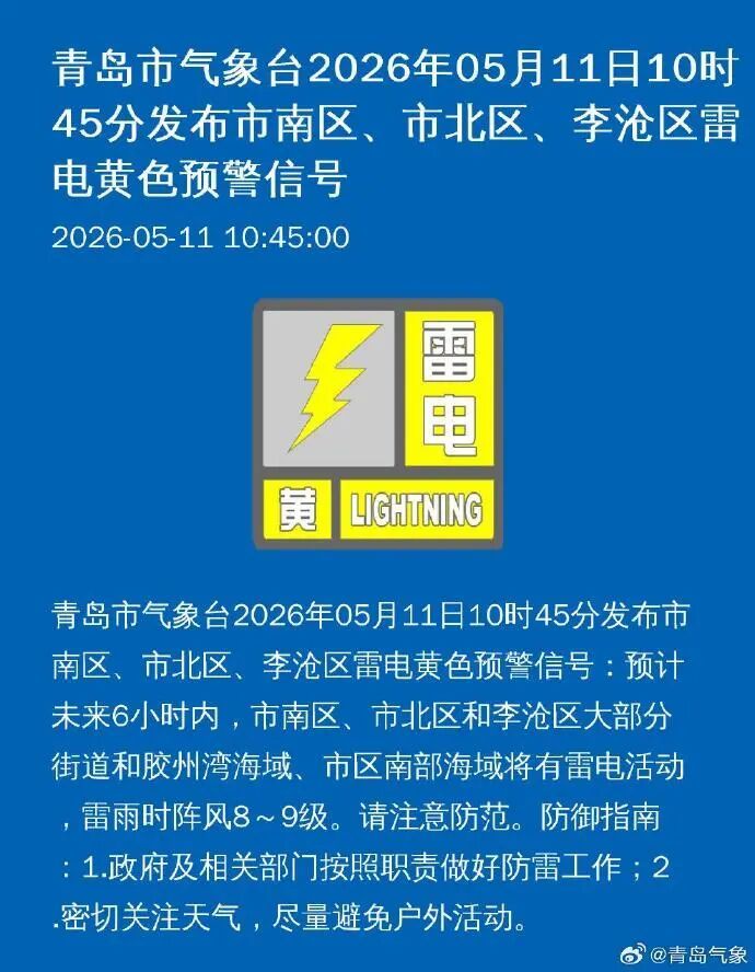 青岛发布雷电黄色预警！涉及市南、市北、李沧、崂山，注意防范→
