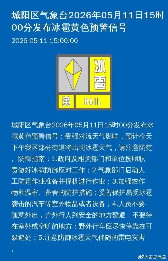 青岛下冰雹了！三区已发布冰雹黄色预警→