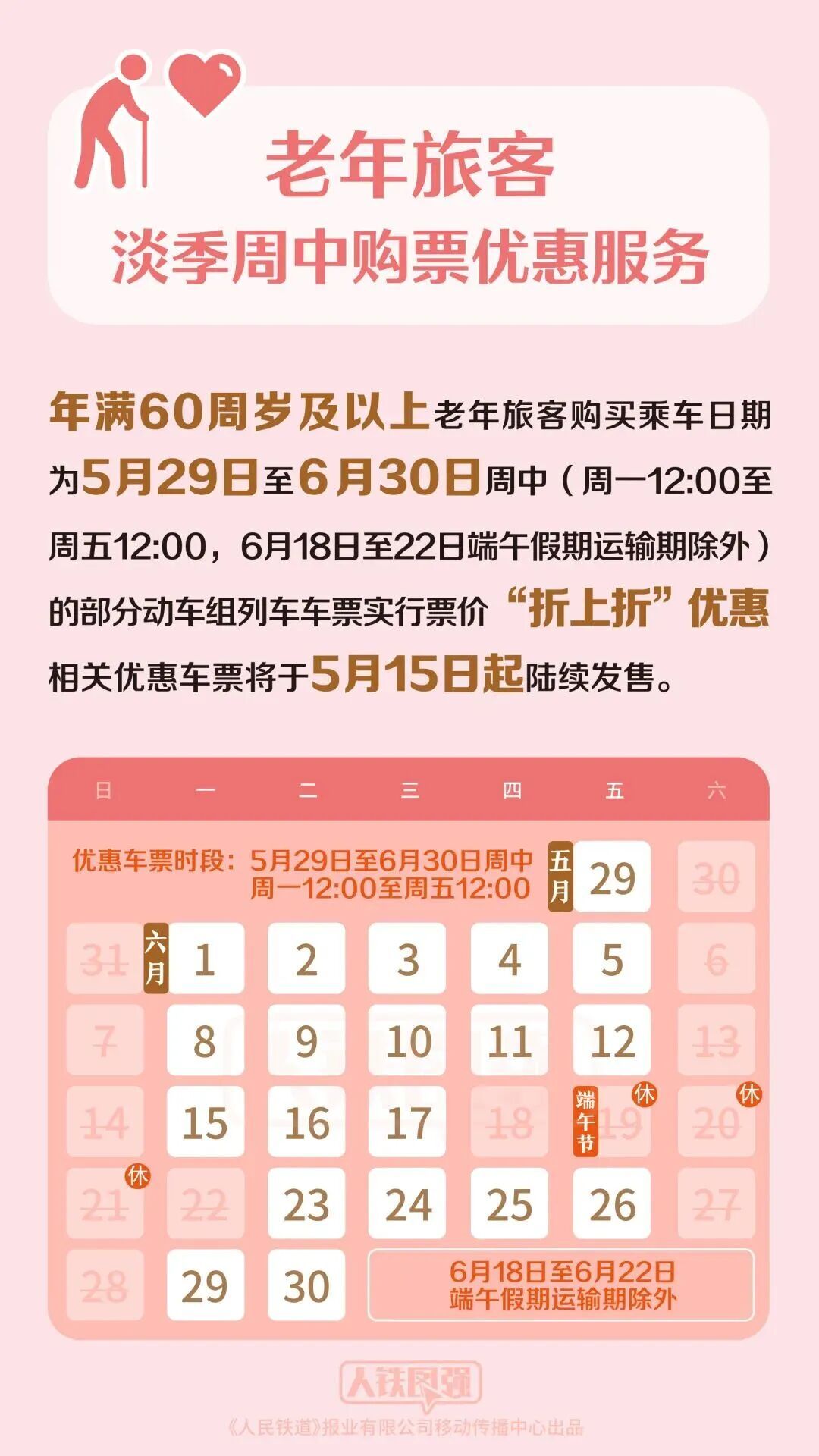 国铁集团推出老年旅客淡季周中购票优惠服务