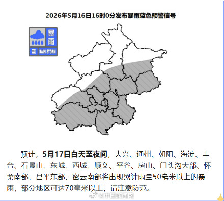 北京多区明天将现50毫米以上暴雨