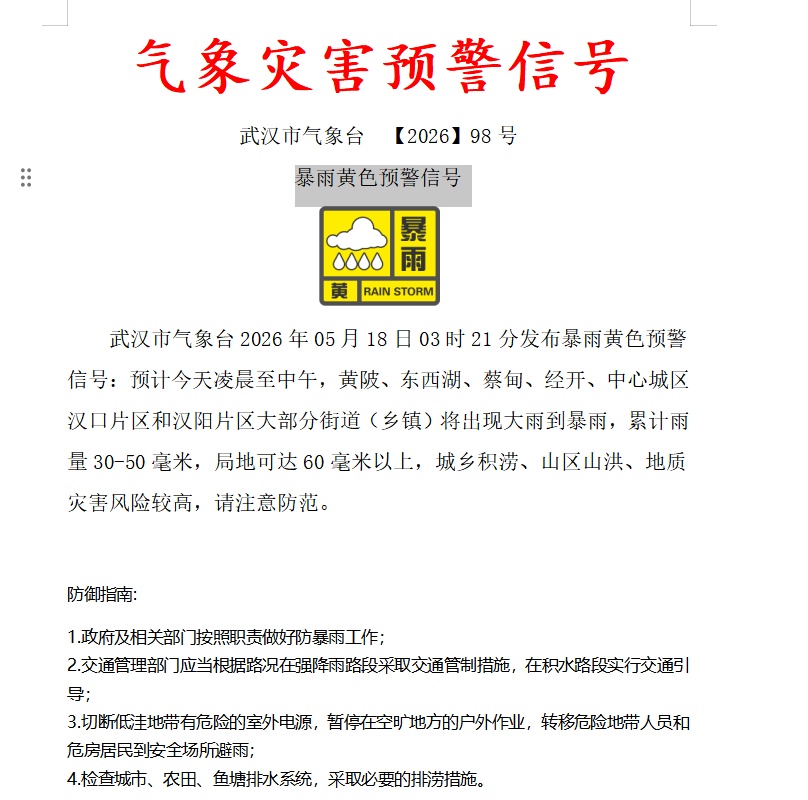 今天上班请当心！武汉发布气象预警