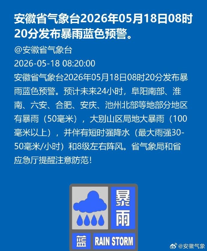 注意防范，暴雨、大风将抵达安徽