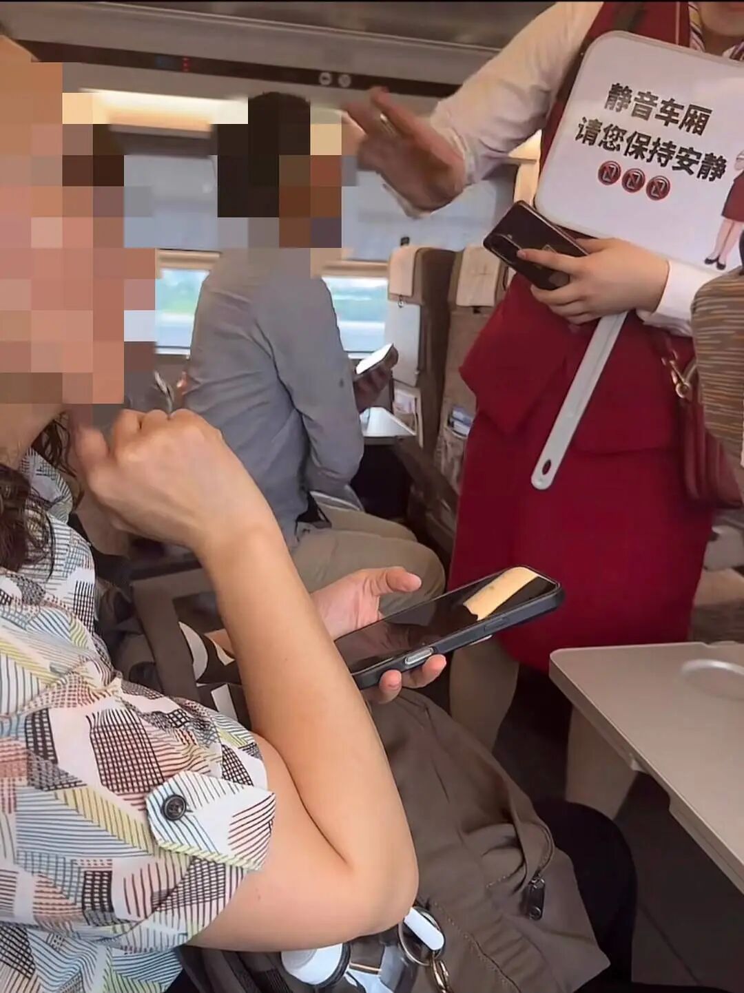 女子在高铁静音车厢连打20分钟电话，乘客：乘务员一直举牌劝阻却被忽视