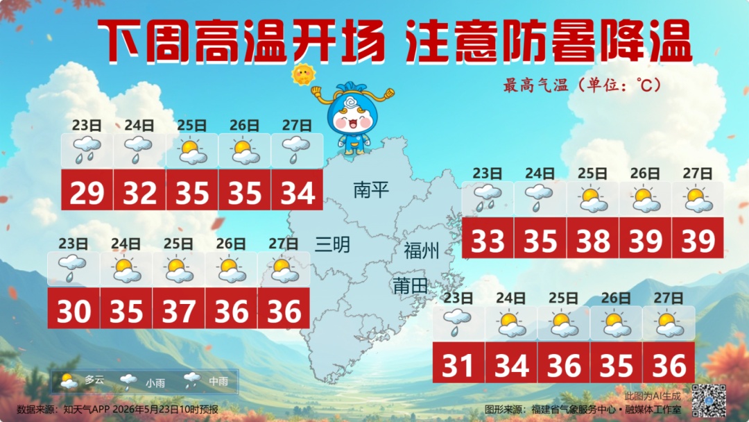 今天福建局地仍有明显降雨，天气即将迎来反转，福州下周最高温度直冲39℃