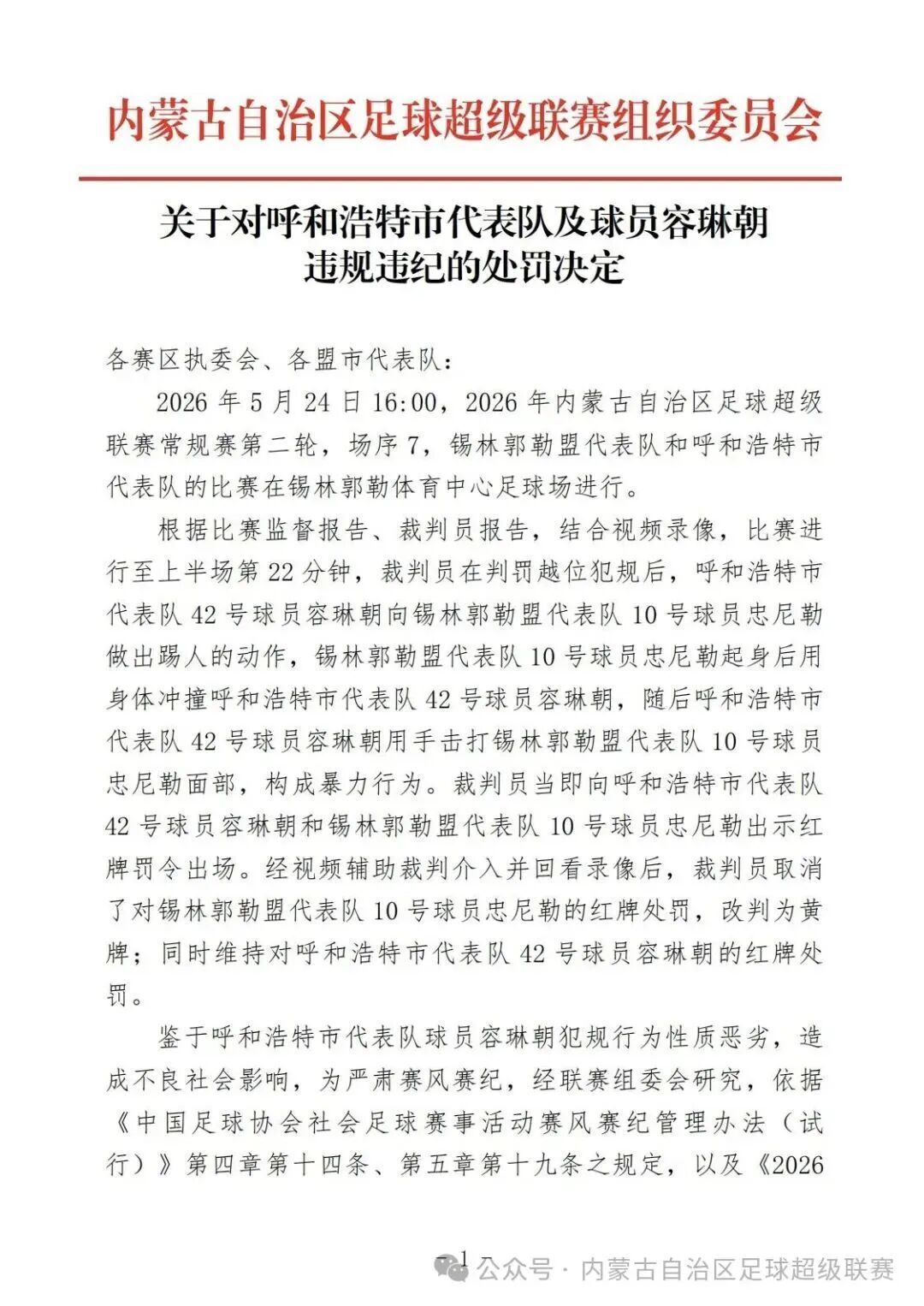 呼和浩特市代表队及球员容琳朝被处罚：通报批评，禁赛12个月