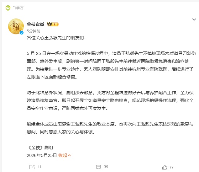 《金枝》剧组发布声明：演员王弘毅在拍摄过程中，不慎被木质道具刀划伤面部，就医后进行了缝合修复，对此深表歉意