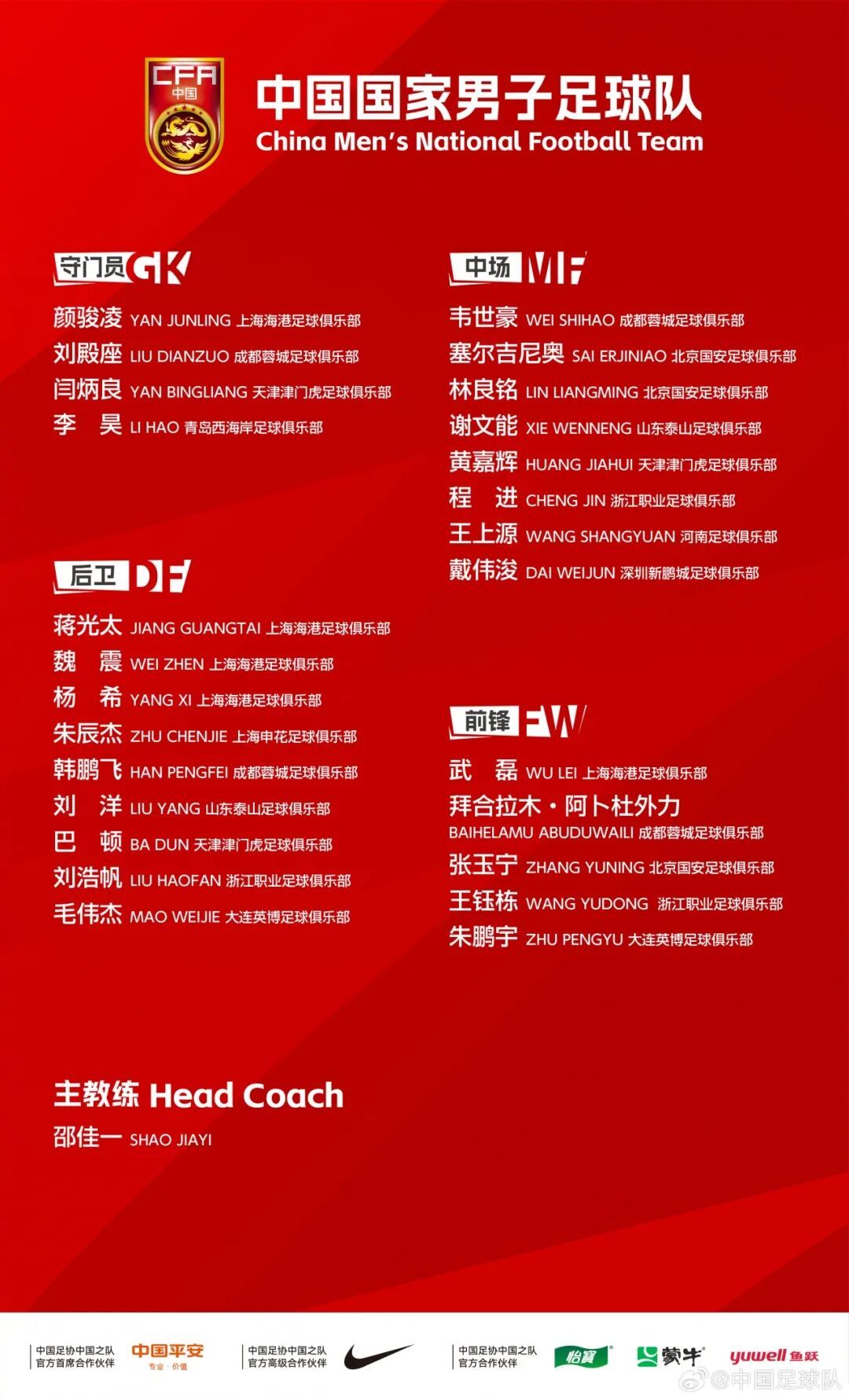 国足最新集训名单出炉:武磊回归,李昊入选 国足最新集训名单出炉:武磊回归,李昊入选
