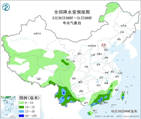云南广东等地有分散性较强降水 华北华南等地有高温天气
