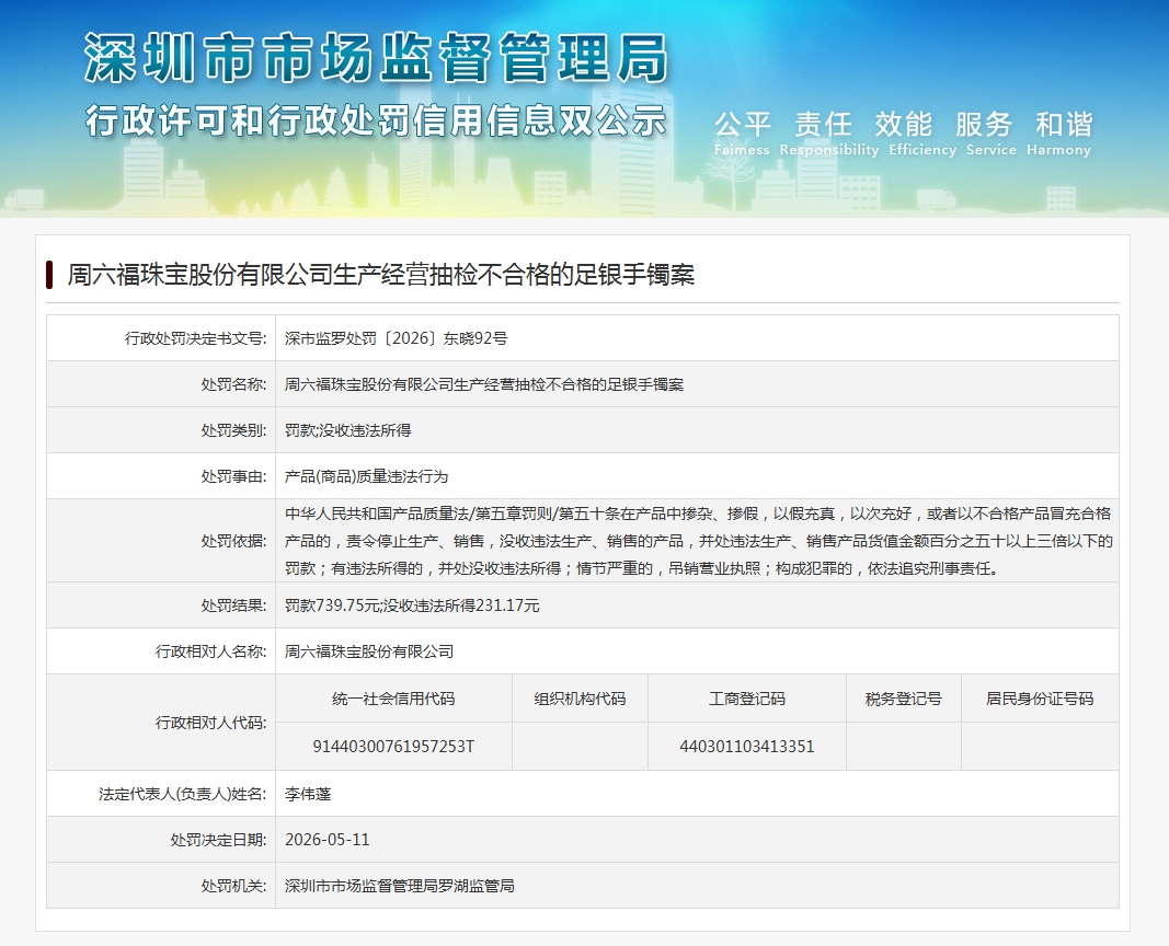 周六福回应“抽检不合格足银手镯”