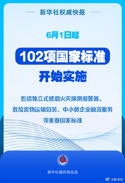新华社权威快报｜6月1日起102项国家标准开始实施