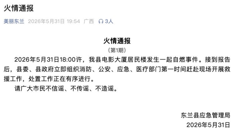 电影大厦居民楼发生一起自燃事件,广西河池市东兰县发布情况通报 电影大厦居民楼发生一起自燃事件,广西河池市东兰县发布情况通报