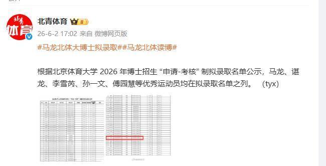 北京体育大学2026年博士招生拟录取名单公示,马龙、谌龙、李雪芮、孙一文、傅园慧等优秀运动员在列 北京体育大学2026年博士招生拟录取名单公示,马龙、谌龙、李雪芮、孙一文、傅园慧等优秀运动员在列