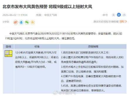 北京将出现9级或以上大风和冰雹