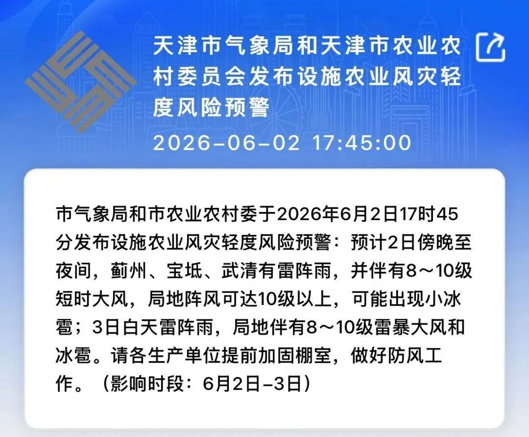 冰雹橙色预警！雷雨+9级风！局地雨强较大！天津多区提醒