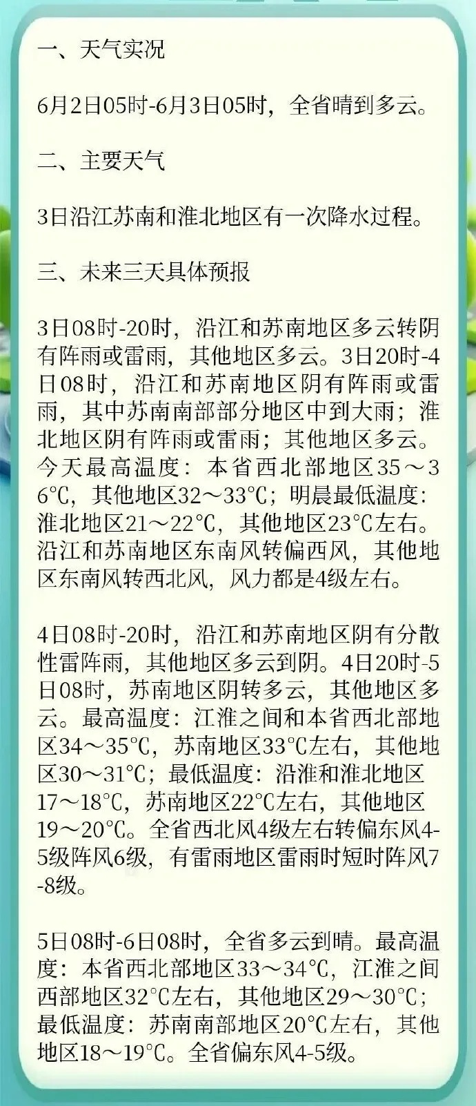 最高36℃，5日起气温下降！江苏气象提醒：沿江苏南和淮北地区有一次降水过程