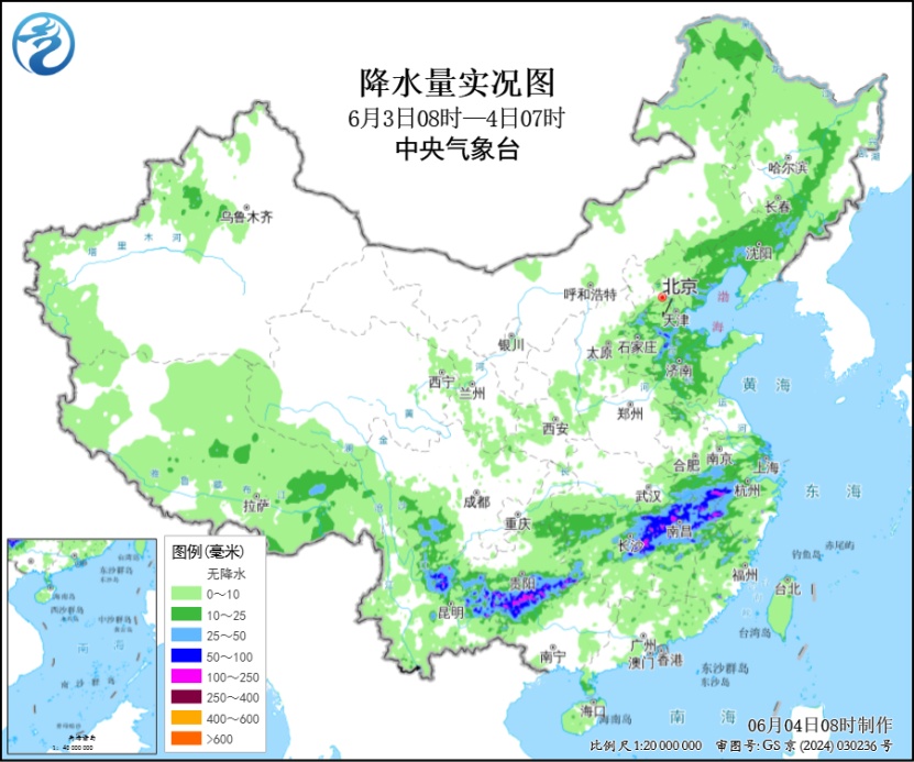 南方降雨带有所南压 东北有大范围降雨
