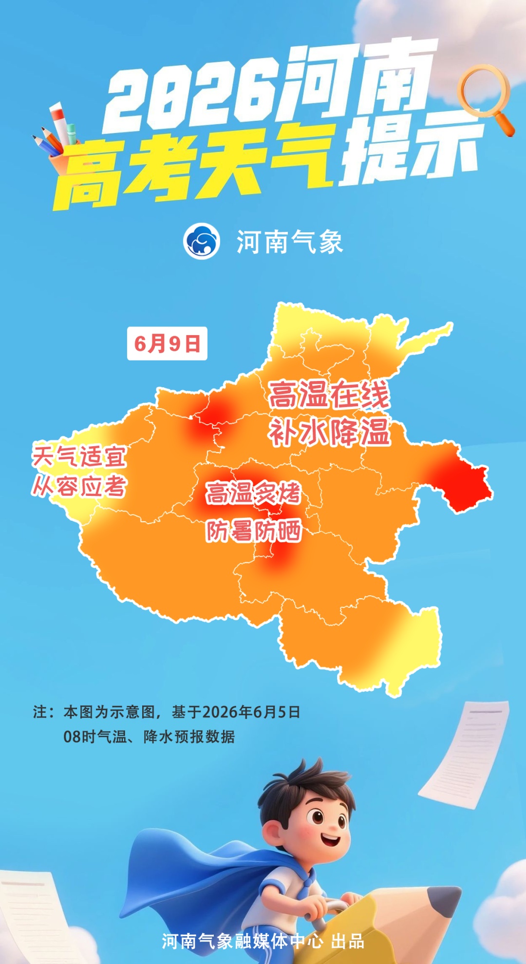 高考期间河南晴热升温，注意防范高温天气！