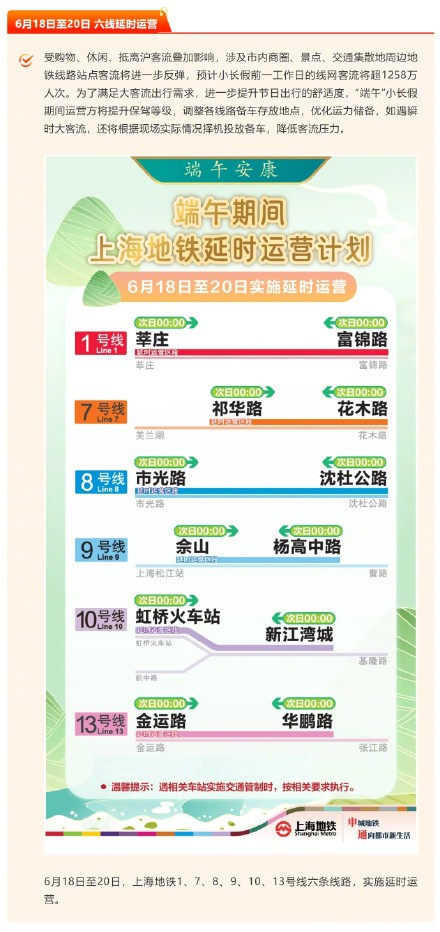 六线延时运营、四线定点加开！上海地铁端午假期运营方案来了