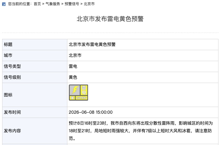 北京市发布雷电黄色预警 北京市发布雷电黄色预警