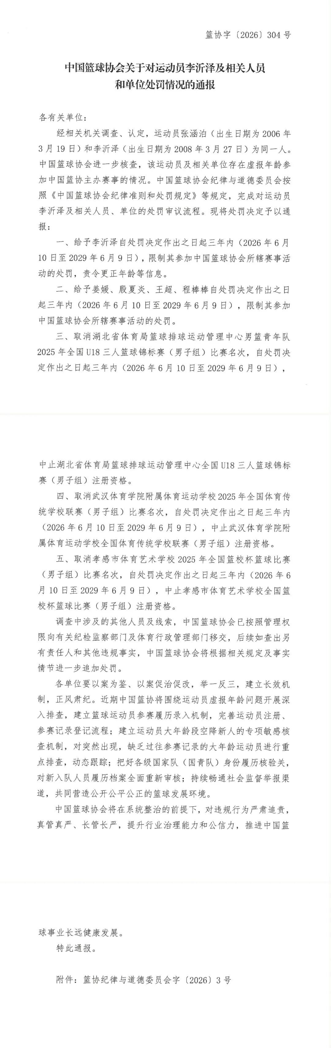 存在虚报年龄参赛!中国篮协通报对李沂泽及相关人员处罚决定 存在虚报年龄参赛!中国篮协通报对李沂泽及相关人员处罚决定
