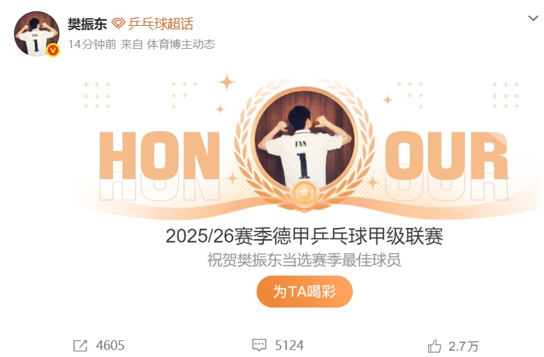 樊振东荣获德甲赛季最佳球员;此前在决赛独得两分,帮助球队实现首个“三冠王” 樊振东荣获德甲赛季最佳球员;此前在决赛独得两分,帮助球队实现首个“三冠王”