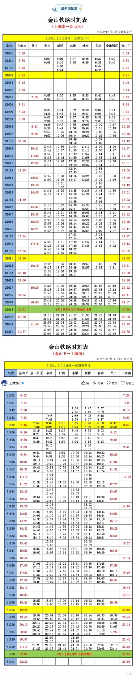 金山铁路端午班次调整，最新时刻表附上→