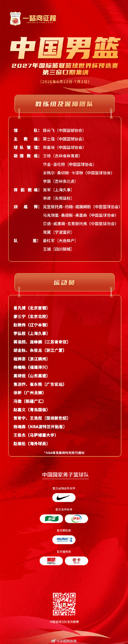 中国男篮公布集训名单