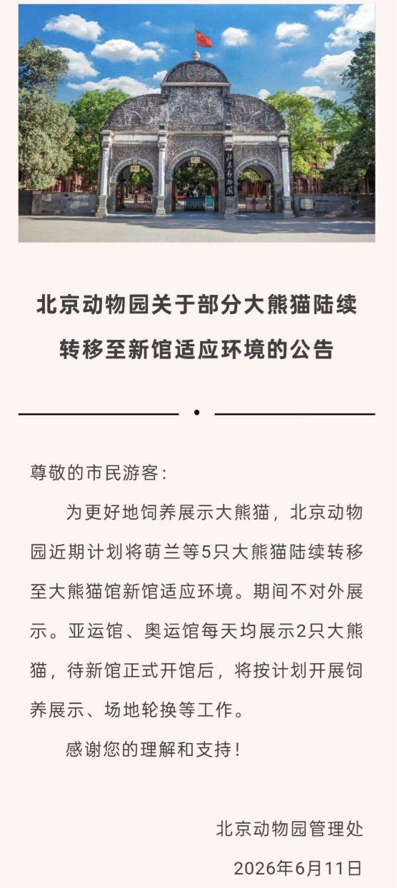 萌兰等5只大熊猫将搬新家!北京动物园:适应新环境期间不对外展示 萌兰等5只大熊猫将搬新家!北京动物园:适应新环境期间不对外展示
