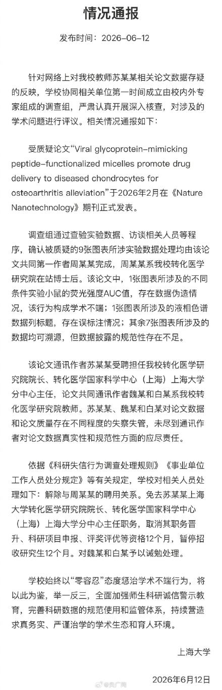 上海大学通报论文数据存疑问题